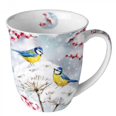 Ambiente-mok-beker-met oor-porselein-fine bone china-breekbaar-birds in the snow-vogels-dieren-sneeuw-winter-kerst-cadeau