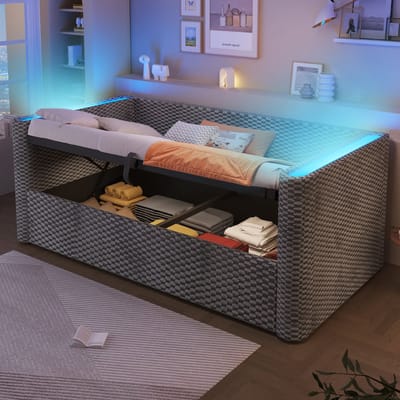 Daybed Slaapbank - 90 x 200 cm - Met LED Verlichting Hydraulisch Opbergruimte Lattenbodem Fluweel - Grijs