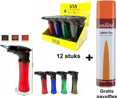 Crème Brûlée Brander set van 12 stuks met krachtige turbo vlam tegen wind + 1 gasfles merk Unilite