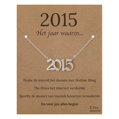 Jaartal 2015 Ketting op Cadeau Kaartje - Zilverkleurig Stainless Steel - 45cm - Met informatie over geboortejaar - Pax Amare