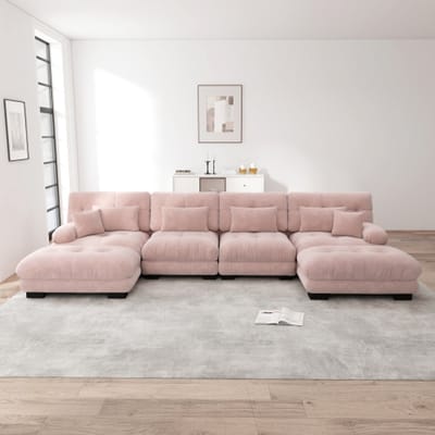 Modulaire hoekbank, U-vormige bank set voor woonkamer, 4-zits comfortabele cloud banken met beweegbare ottoman, DIY-combinatie, chenille, roze