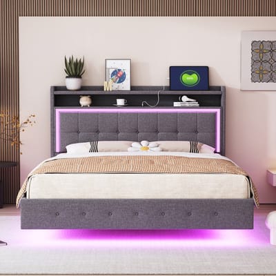 Gestoffeerd bed 140x200cm - met USB-stopcontact en LED-verlichting - verborgen pootontwerp - grijs - zonder matras