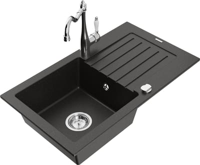 Mexen Pablo granieten spoelbak 1-komor met afdruiprek en keukenmengkraan Carla, zwart/goud metallic - 6510-75-670700-00