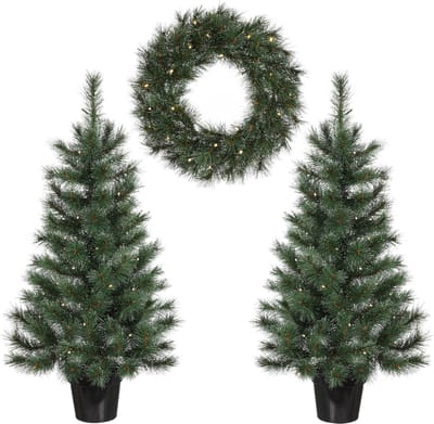 Black Box Trees Glendon Kerstboom en Kerstkrans Set - 2 Kunstkerstbomen en 1 Krans met LED Verlichting - Groen