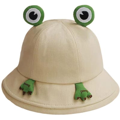 Chapeau seau grenouille de dessin animé mignon forme grenouille pliable protection solaire chapeaux de pêcheur motif yeux globuleux amusant chapeau Panama de pêche été beige