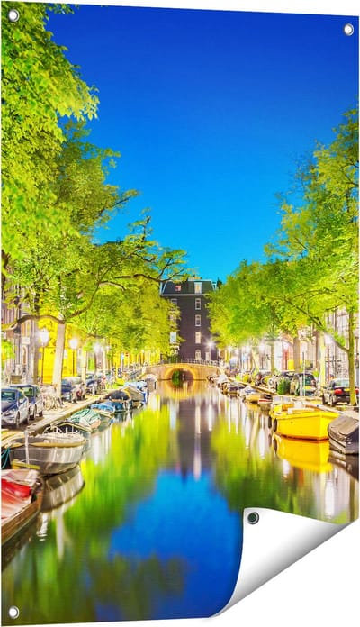 Gards Tuinposter Amsterdamse Gracht in de Nacht - 60x90 cm - Tuindoek - Tuindecoratie - Wanddecoratie buiten - Tuinschilderij