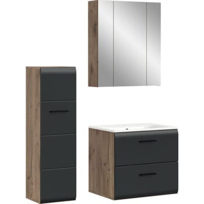 Moderne badcombinatie met spiegelkast en wastafel - Zwart en eiken - 4-delige set - 105x185x46cm