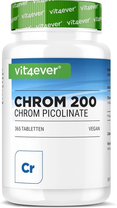 Chromium Picolinate - 200 mcg zuiver chroom per tablet - 365 tabletten in jaarvoorraad - laboratoriumgetest (gehalte aan werkzame stoffen en zuiverheid) - zonder ongewenste toevoegingen - hoge dosering - veganistisch - Vit4ever