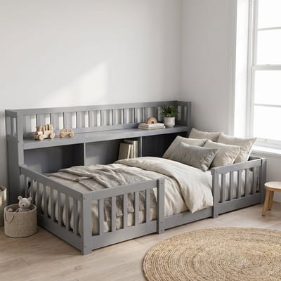 Montessori Vloerbed 90x200 cm - Kinderbed met boekenkast en Lattenbodem - Eenpersoonsbed met Uitvalbeveiliging - Hout - Grijs