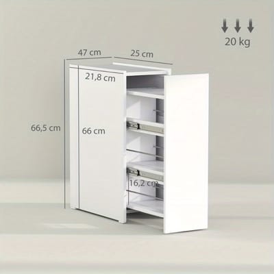Smalle Opbergkast – Smalle Kast – Opbergsysteem – Badkamerkast – Organizer – Wit – Met Wieltjes – 3 Diepe Vakken & Lade – Metaal – Compact 47x25x66,5 cm