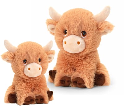 Keel Toys 2x koeien knuffels - pluche Schotse Hooglander koeien knuffeldieren - bruin - lopend - 18 en 25 cm