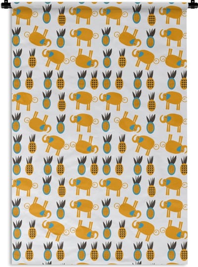 Wandkleed - Wanddoek - Olifant - Ananas - Geel - Patroon - 120x180 cm - Wandtapijt