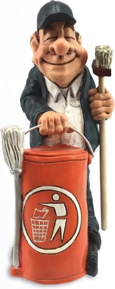 Grappige beroepen beeldje straatveger met uitrusting de komische wereld van karikatuur beeldjes – komische beeldjes – geschenk voor – cadeau -gift -verjaardag kado