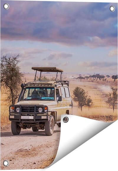 Gards Tuinposter Safari Auto in de Savanne - 40x50 cm - Tuindoek - Tuindecoratie - Wanddecoratie buiten - Tuinschilderij