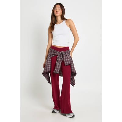 boohoo Dames Geborstelde Rib Wijdpijp Broek | Wine | Maat: 6