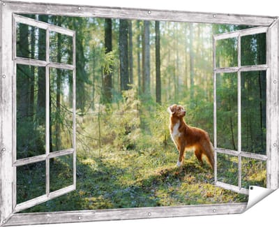 Gards Tuinposter Doorkijk Retriever Hond in het Bos met Zon - 180x120 cm - Tuindoek - Tuindecoratie - Wanddecoratie buiten - Tuinschilderij