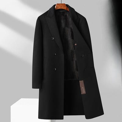 Manteau en laine croisé longueur genou Automne et Hiver Doublure en velours doré Manteau en laine double face pour homme XL noir
