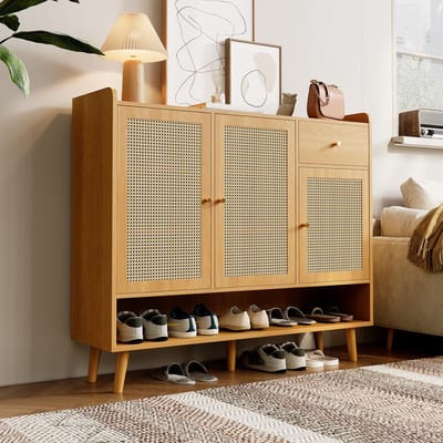 MODENUIT Schoenenkast - 3 Deuren En 1 Lade Voor Hal En Woonruimte - Spaanplaat Met Houten Poten - 120x35x106 Cm