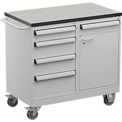 Treston TWIN 1 gereedschapswagen, vinyl bovenblad, tot 300 kg, 5 laden, 1 opbergvak, afsluitbaar, duwbeugel, staal, lichtgrijs RAL 7035