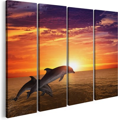 Artaza Canvas Schilderij Vierluik Twee Dolfijnen bij de Zonsondergang - 160x120 - Groot - Foto Op Canvas - Canvas Print