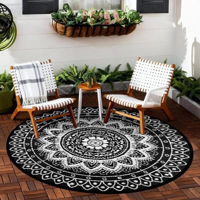 Buiten Tapijt - Terrastapijt Vloerkleed - Terras Buiten - Waterdicht Vlekbestendig - 150 cm - Zwart Wit