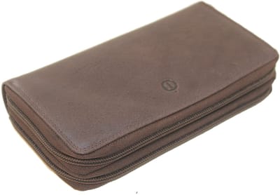 Oi vintage bruine dubbele ritsportemonnee XL / zeer ruime lederen damesportemonnee volledig afgesloten met 2 ritsen / damesbeurs zeer groot en overzichtelijk / Anti skimming / donker bruin leer / 405Brown