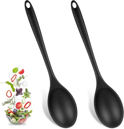 2 stuks - grote antiaanbak siliconen menglepels - 27.5 cm lange steel siliconen kooklepels - Hittebestendige keukenlepels - keukengerei voor koken, bakken, roeren en mengen (zwart)