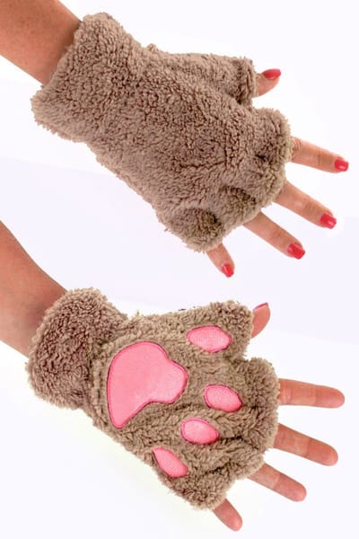 KIMU® Dierenpoot Vingerloze Handschoenen Lichtbruin Pluche - Vingerloos Beer Pootjes Bruin - Kattenpootjes Hondenpootjes Dierenpootjes Fleece Festival
