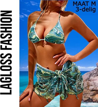 LaGloss® 3-Delige Bikini Set Groen Ocean Print met Rok Maat M - Trendy Dames Zwemkleding & Cover-up