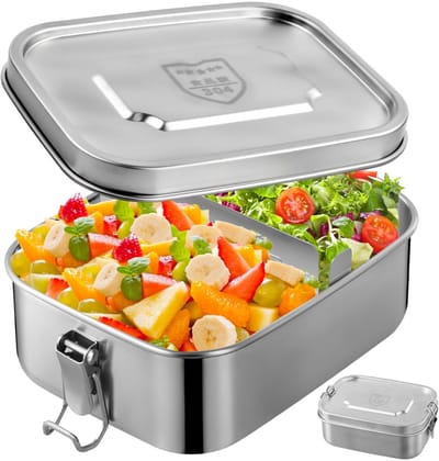 Dailygoods- Bento Box 1000 ml - Roestvrij Staal - Luchtdichte Lunchbox - Uitneembare Scheidingswand - Zilverkleurig - 17,5 x 12,5 x 6,4 cm