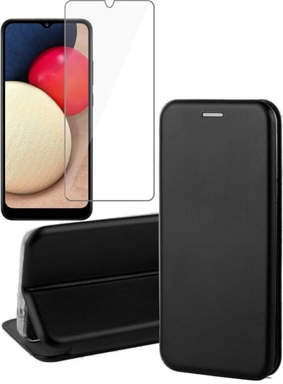 Hoesje geschikt voor Samsung Galaxy A02s - Screen Protector GlassGuard - Book Case Kunstleer ThinShield Zwart & Screenprotector