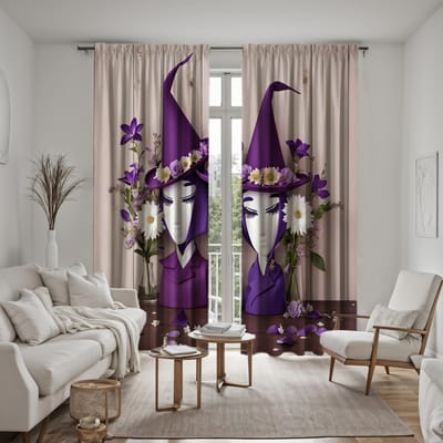 Ensemble 2 pièces Fleurs d'Halloween HD Chapeau de Sorcière Magicien Rideau Purple tie rideau imprimé numérique Style Décoration Maison Décorer liv W52H63inchW132H160cm gray