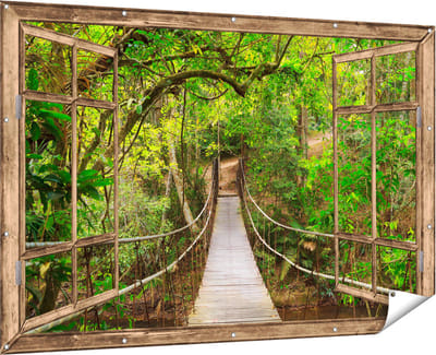 Gards Tuinposter Doorkijk Hangbrug - 180x120 cm - Tuindoek - Tuindecoratie - Wanddecoratie buiten - Tuinschilderij
