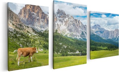 Artaza Canvas Schilderij Drieluik Bruine Koe In De Wei In De Bergen - 120x60 - Foto Op Canvas - Canvas Print