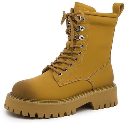 Bottes pour femmes à plateforme Cuir véritable Bottes de moto Augmentation de la hauteur Imperméables Antidérapantes Extérieur Hiver Chaussures Martin pour femmes 39 jaune