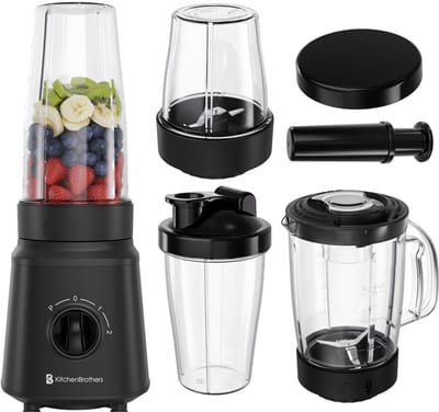 KitchenBrothers Blender - BPA-vrij - Complete Set - 2x 750ml Kan - Grinder - Stamper - To-Go Bekers - Zwart