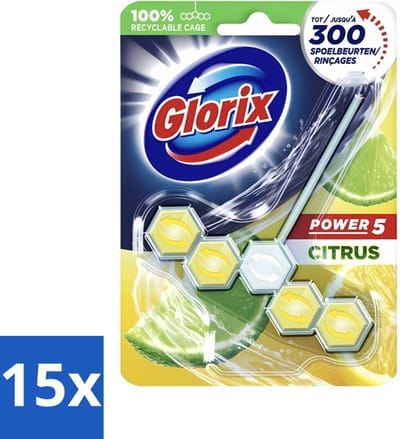 Glorix - Toiletblok - Power 5 - Lemon - Citroenfris & Hygiënisch - 55 g - Bulkverpakking - 15 stuks