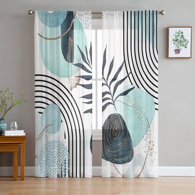 Abstracte Kunst Blad Boho Teal Bladeren Transparante Gordijnen voor Woonkamer Decoratie Raamgordijnen Keuken Tule Voile Gordijnen W135 x H115cm x1 white