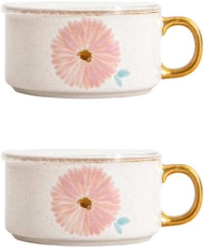 Homla - Meren Serveerschaal - Set van 2 - Keramische Serveerschaal met Gouden Handgreep - Dessertschaal - Snackschaal - Decoratieve Kom - Bloemenmotief - 0.6 Liter - Ø14 x 7 cm - Crème met Roze Bloemenmotief