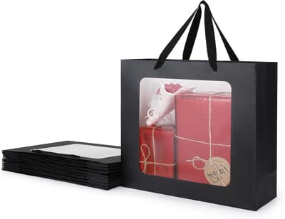 Kraft Papieren Cadeauzakken met Venster - 10 Stuks - Grote Zwarte Tassen voor Feesten en Cadeaus - 32x11.5x28cm - Stevig 230GSM Materiaal