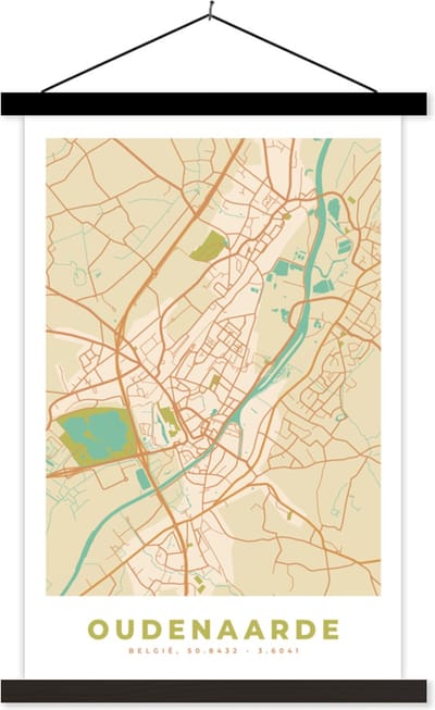 Posterhanger incl. Poster 40x60 cm - Schoolplaat - Stadskaart - Plattegrond - Vintage - Oudenaarde - Kaart - Textielposter - Zwarte latten - Stadskaart
