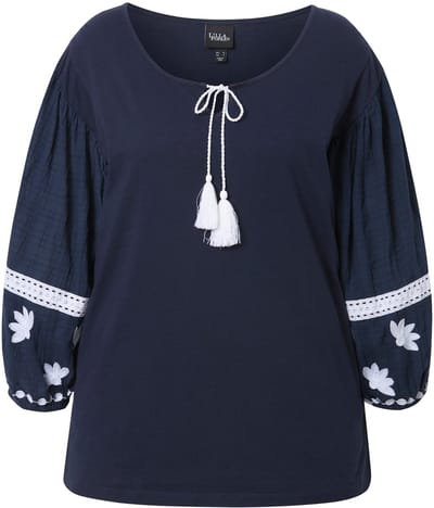Ulla Popken - Dames - Blouse borduurwerk tuniekhals lange mouwen - Marine - Maat 46+