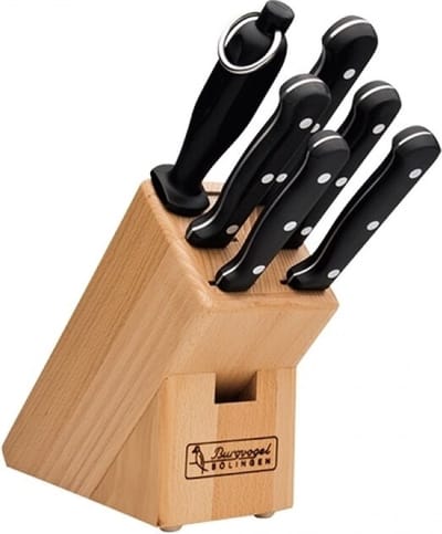 Burgvogel S4000 Professioneel Messenblok Incl: officemes 10cm, koksmes 20cm, broodgolfmes 20cm, vleesmes 15cm, uitbeenmes 15cm, aanzetstaal 26cm