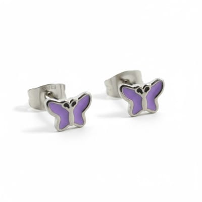 Aramat Jewels | Oorbellen | Stalen Emaille oorbellen vlindertje | Zilverkleur / Lila | |6mm | Staal | Kinderen, Volwassenen | Verkleurd niet