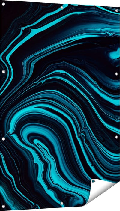 Gards Tuinposter Abstracte Kunst - Aqua Blauw met Zwart - 80x120 cm - Tuindoek - Tuindecoratie - Wanddecoratie buiten - Tuinschilderij