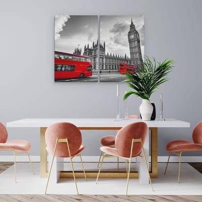 Artaza Canvas Schilderij Tweeluik Rode Bussen in Londen - Retro - 80x60 cm - Wanddecoratie Woonkamer - Schilderijen - Muurdecoratie