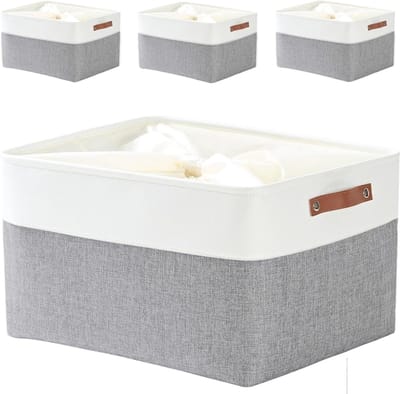 Extra grote opbergdozen set van 4, stoffen organizers voor planken, kleding, boeken en speelgoed (XL, grijs/wit)