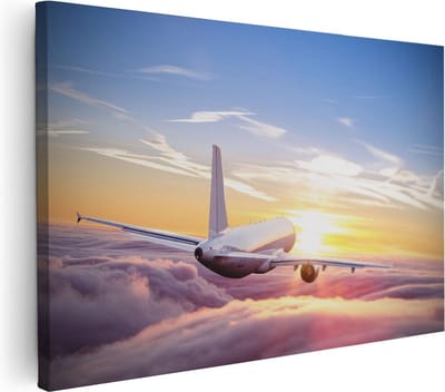 Artaza Canvas Schilderij Zonsondergang - 30x20 cm - Klein - Wanddecoratie Vliegtuig - Muurdecoratie Wolkenlucht - Kamer Accessoires