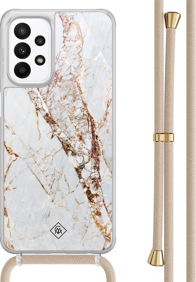 Casimoda® hoesje met beige koord - Geschikt voor Samsung A23 - Marmer Goud - Afneembaar koord - TPU/acryl - Goudkleurig
