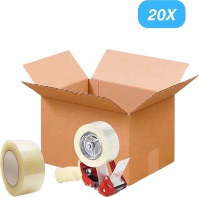 Professionele Verzenddozen (M) (20 Stuks) + Tape Dispenser + Tape | Bruin - 40.5x18.1x18.2 cm - Karton - Vouwdoos - Kartonnen Dozen - Golf Doos - Voor Efficiënt en Veilig Verzenden - Liter
